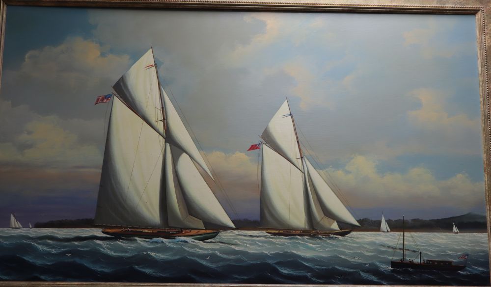 Salvatore Colacicco (1935-), oil on board, Yachts racing for the Americas Cup, signed, 59 x 105cm